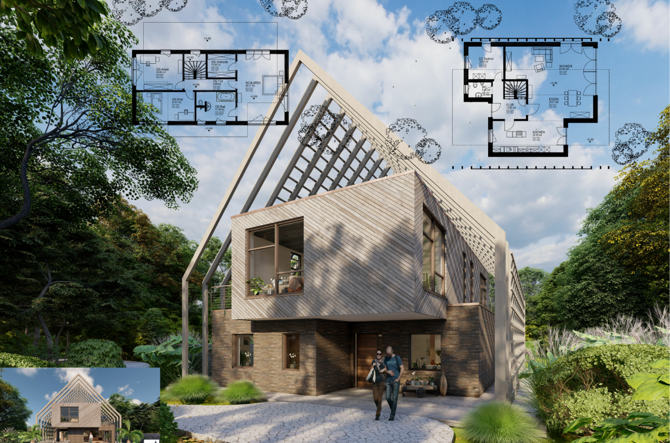 Modernes, nachhaltiges Holzhaus mit begrünten Flächen und skizzenhaften Grundrissen.